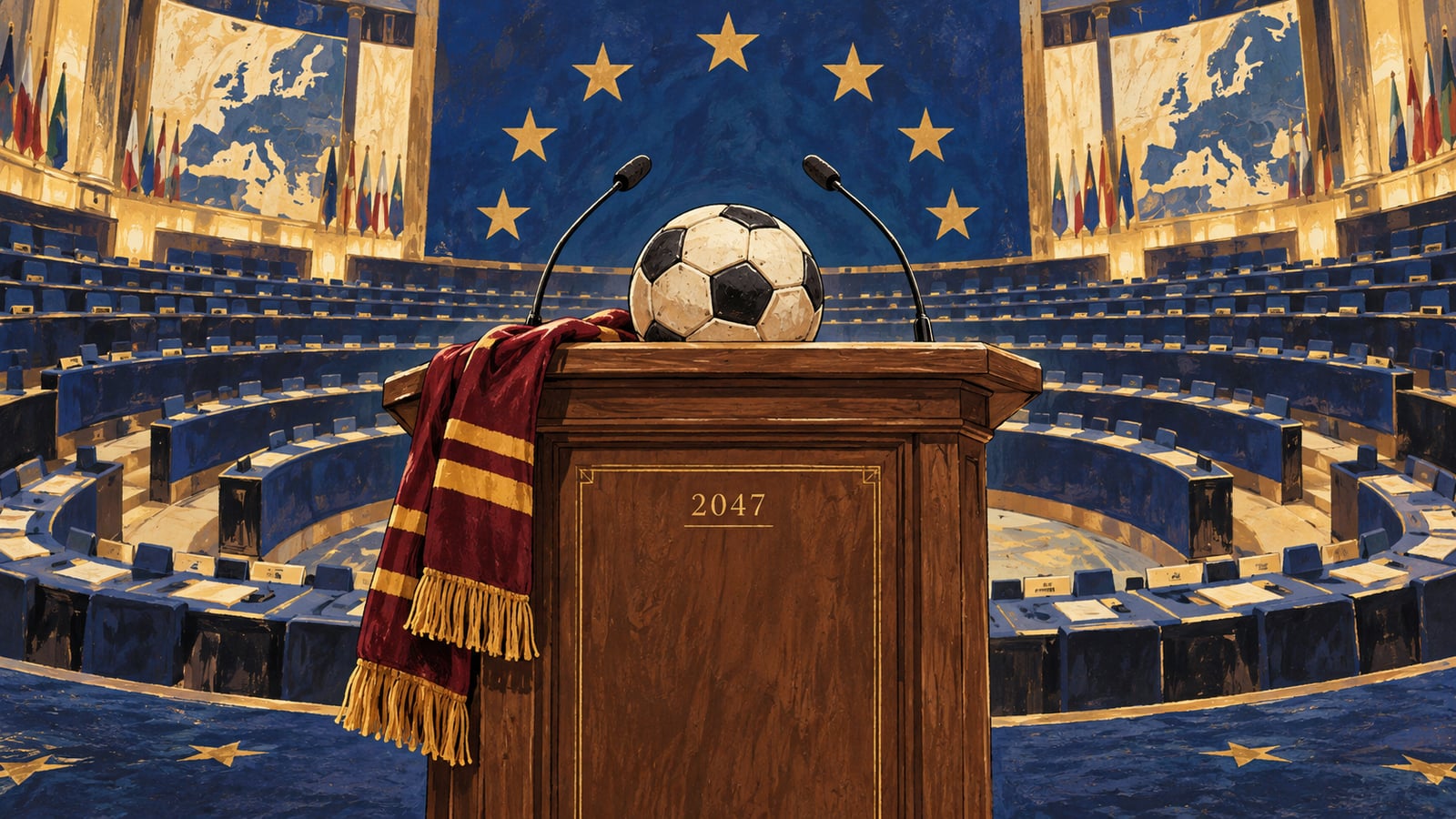 Un pallone al leggio di un congresso immaginario del 2047, con sciarpa giallorossa