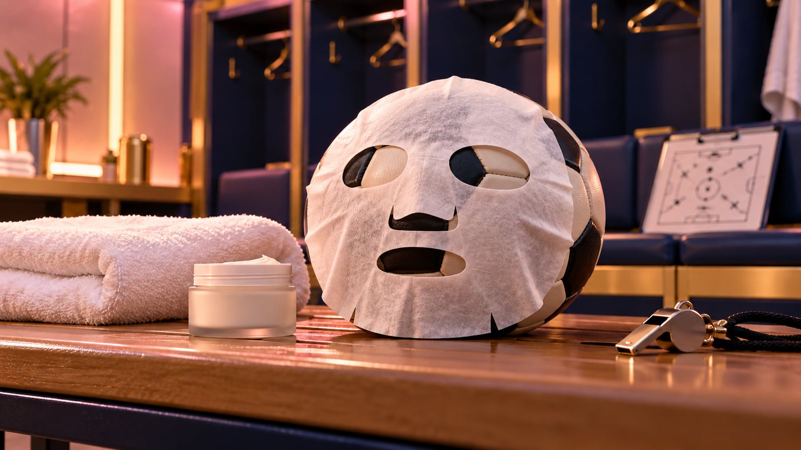Un pallone da calcio con maschera viso, crema e fischietto nello spogliatoio